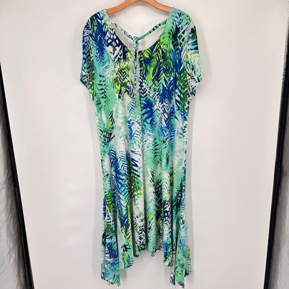 Chicos 3 Womens  Blue Tropical  Short Sleeve Asymmetrical Midi Dress Size XL - Picture 10 of 14
